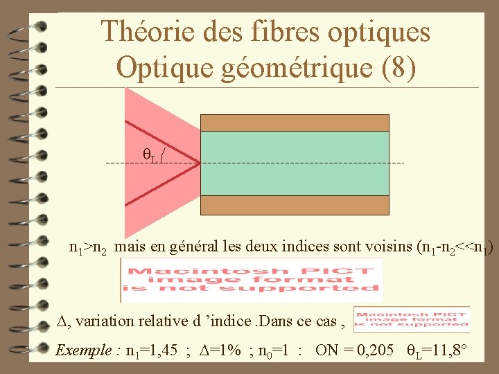 Théorie des fibres optiques Optique géométrique (8) L n 1>n 2 mais en général