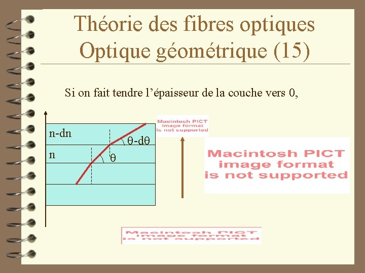 Théorie des fibres optiques Optique géométrique (15) Si on fait tendre l’épaisseur de la
