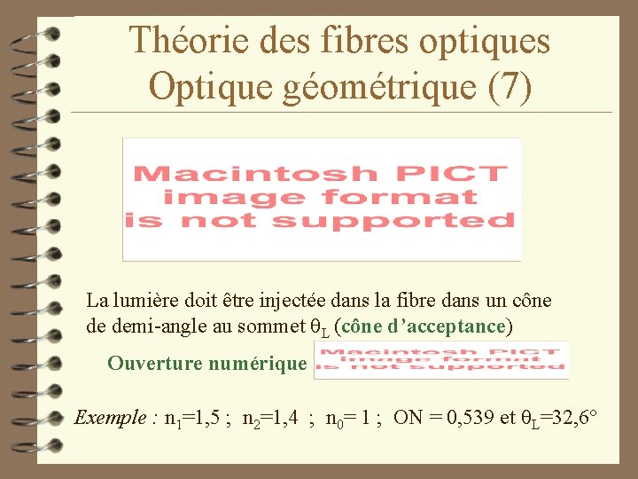 Théorie des fibres optiques Optique géométrique (7) La lumière doit être injectée dans la