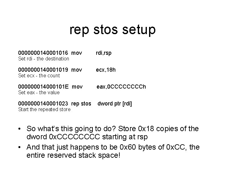 rep stos setup 0000000140001016 mov rdi, rsp 0000000140001019 mov ecx, 18 h 000000014000101 E