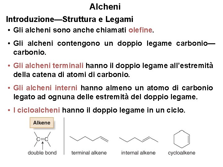Alcheni Introduzione—Struttura e Legami • Gli alcheni sono anche chiamati olefine. • Gli alcheni