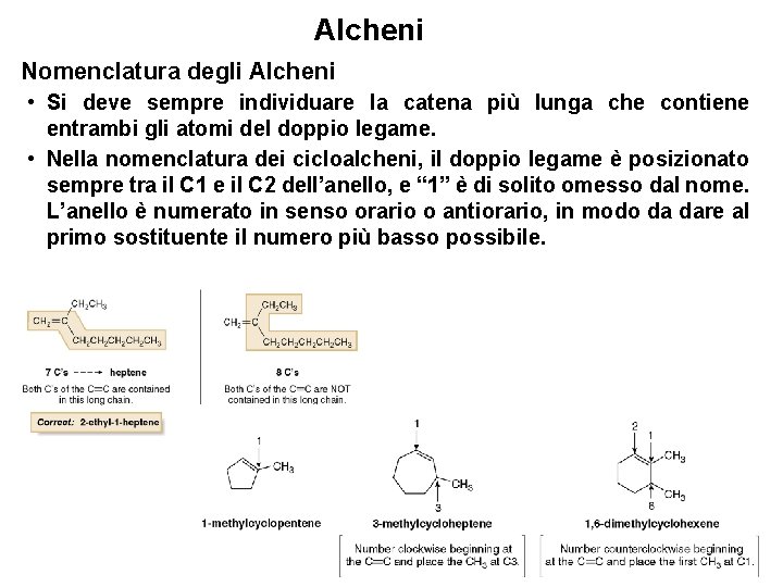 Alcheni Nomenclatura degli Alcheni • Si deve sempre individuare la catena più lunga che