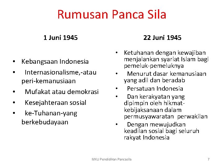 Rumusan Panca Sila 1 Juni 1945 22 Juni 1945 • Kebangsaan Indonesia • Internasionalisme,