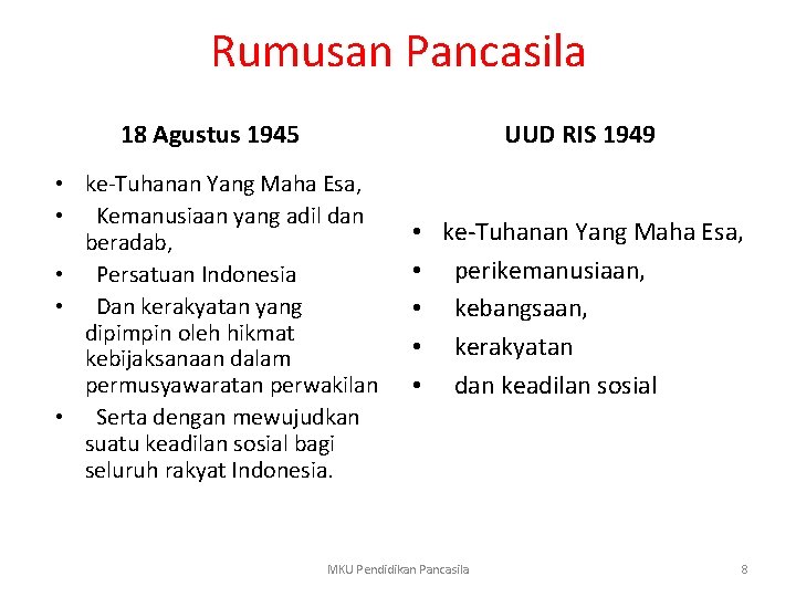 Rumusan Pancasila 18 Agustus 1945 UUD RIS 1949 • ke-Tuhanan Yang Maha Esa, •