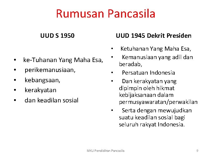 Rumusan Pancasila UUD S 1950 • • • UUD 1945 Dekrit Presiden • Ketuhanan