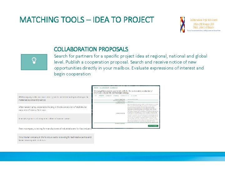 MATCHING TOOLS – IDEA TO PROJECT COLLABORATION PROPOSALS Search for partners for a specific