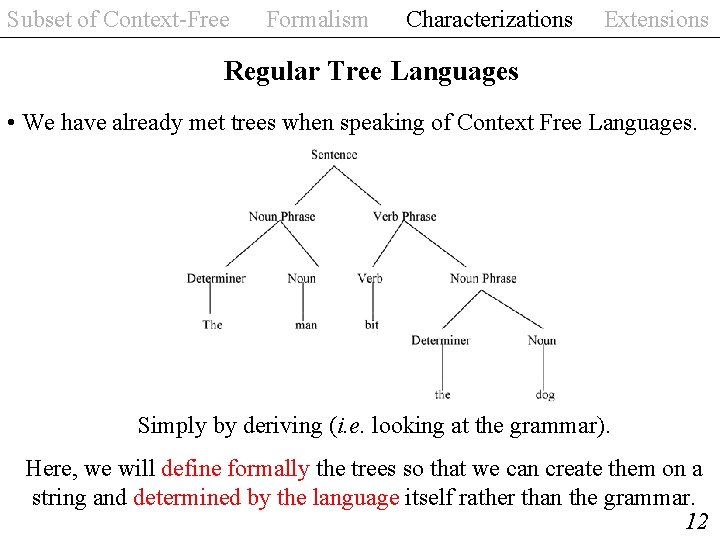 Subset of Context-Free Formalism Characterizations Extensions Regular Tree Languages • We have already met