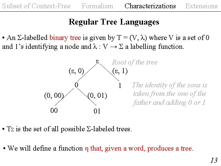 Subset of Context-Free Formalism Characterizations Extensions Regular Tree Languages • An Σ-labelled binary tree