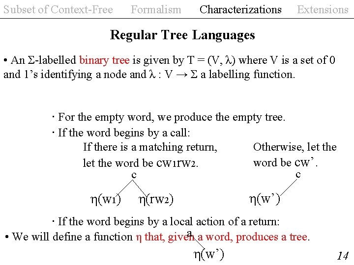 Subset of Context-Free Formalism Characterizations Extensions Regular Tree Languages • An Σ-labelled binary tree