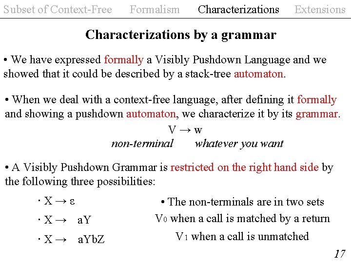Subset of Context-Free Formalism Characterizations Extensions Characterizations by a grammar • We have expressed