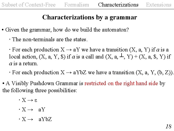 Subset of Context-Free Formalism Characterizations Extensions Characterizations by a grammar • Given the grammar,