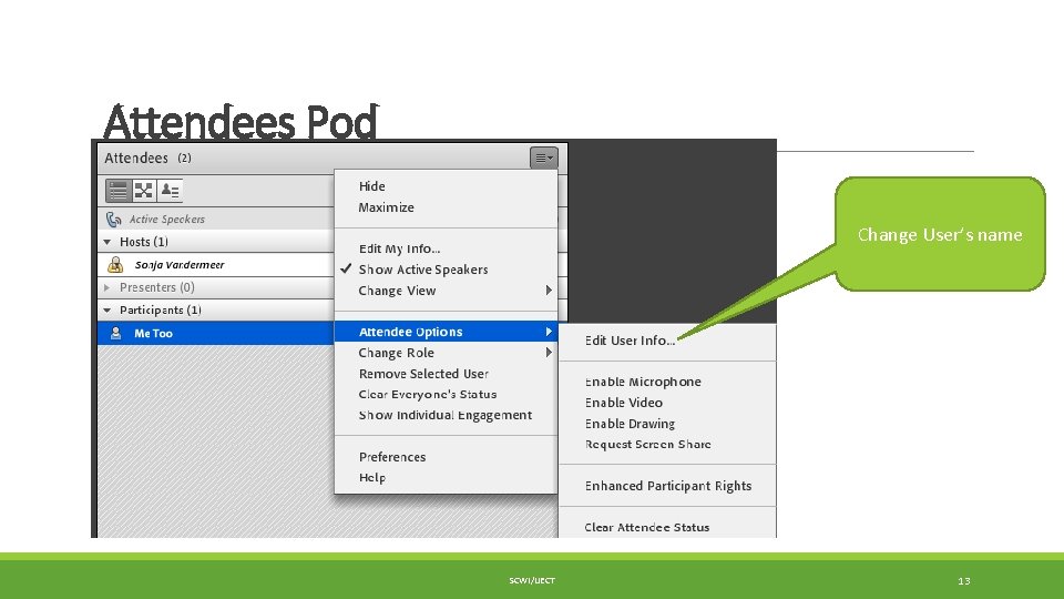 Attendees Pod Change User’s name SCWI/IJECT 13 