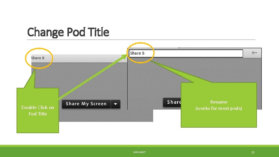 Change Pod Title Rename (works for most pods) Double Click on Pod Title SCWI/IJECT