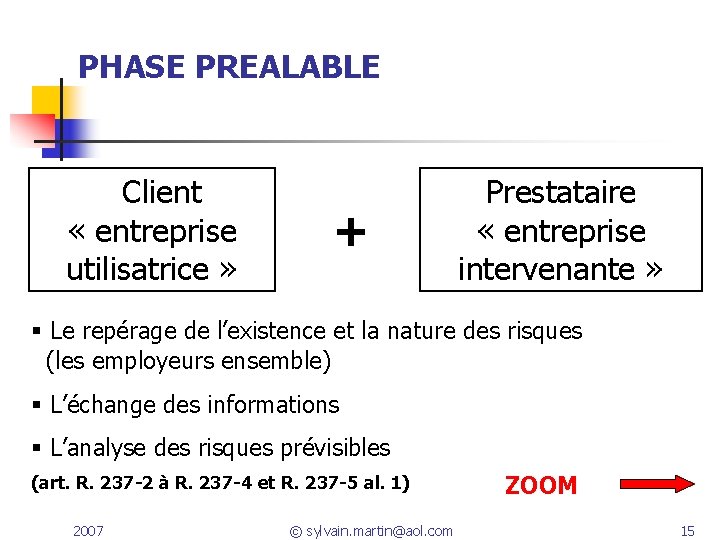 PHASE PREALABLE Client « entreprise utilisatrice » + Prestataire « entreprise intervenante » Le