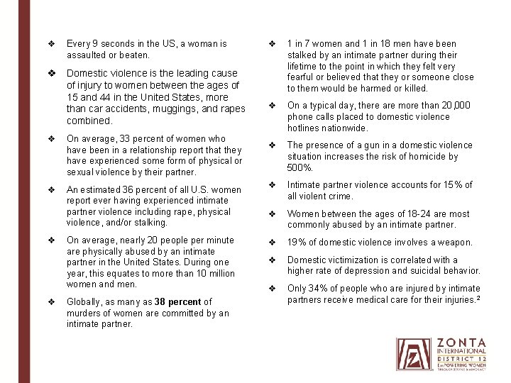 v Every 9 seconds in the US, a woman is assaulted or beaten. v v Every 9 seconds in the US, a woman is assaulted or beaten. v