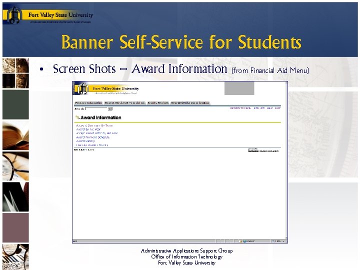 Banner Self-Service for Students • Screen Shots – Award Information (from Financial Aid Menu)