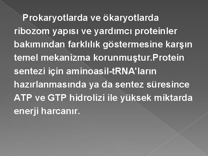 Prokaryotlarda ve ökaryotlarda ribozom yapısı ve yardımcı proteinler bakımından farklılık göstermesine karşın temel mekanizma