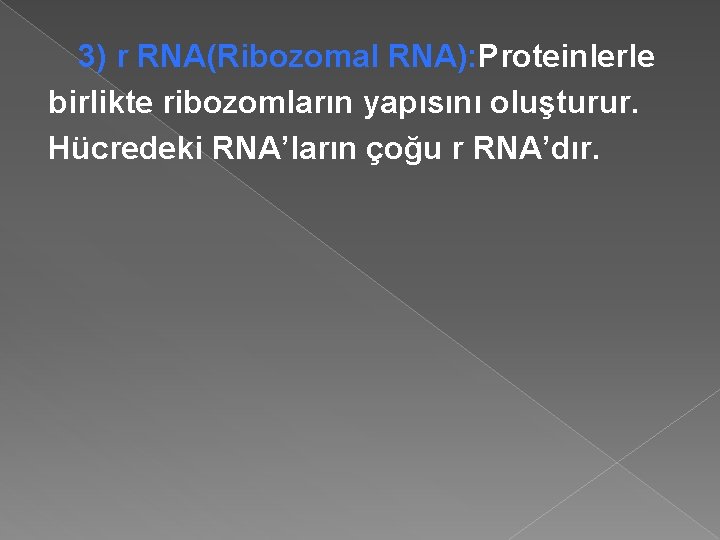3) r RNA(Ribozomal RNA): Proteinlerle birlikte ribozomların yapısını oluşturur. Hücredeki RNA’ların çoğu r RNA’dır.