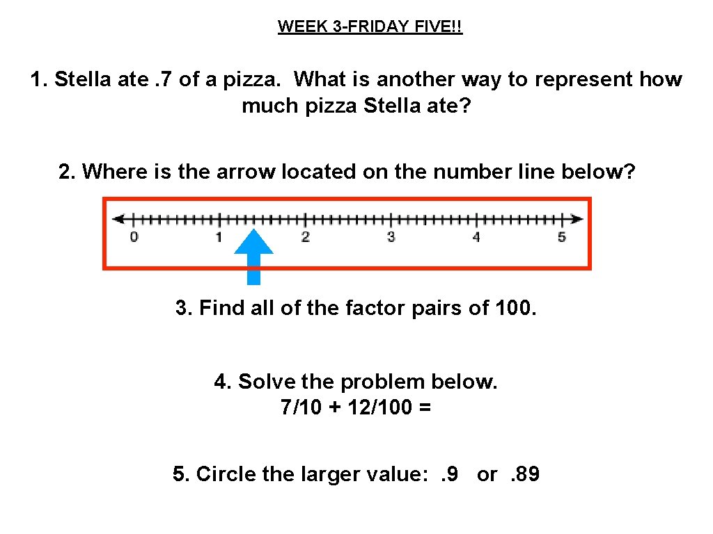 WEEK 3 -FRIDAY FIVE!! 1. Stella ate. 7 of a pizza. What is another