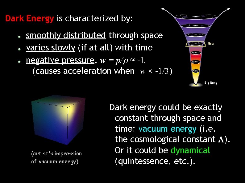 Dark Energy is characterized by: smoothly distributed through space varies slowly (if at all)