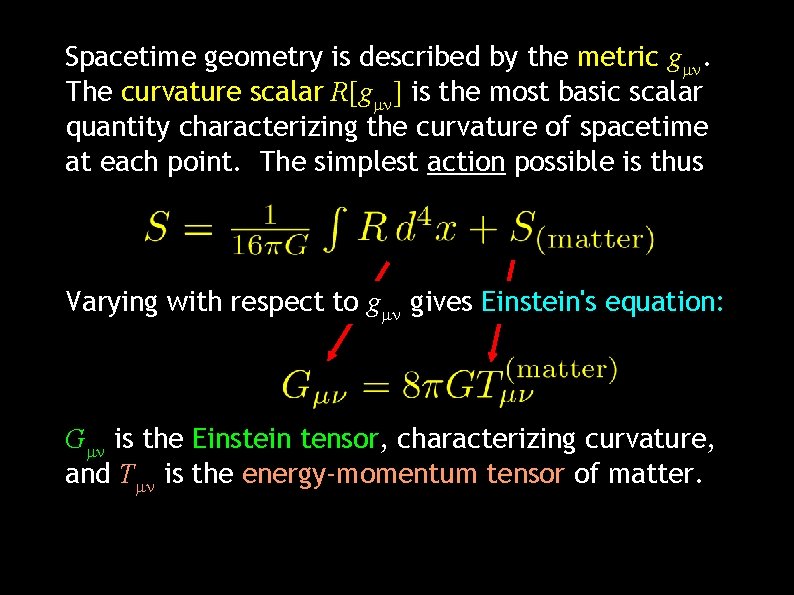 Spacetime geometry is described by the metric g . The curvature scalar R[g ]