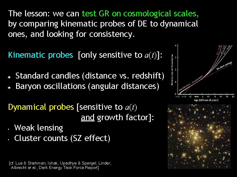 The lesson: we can test GR on cosmological scales, by comparing kinematic probes of