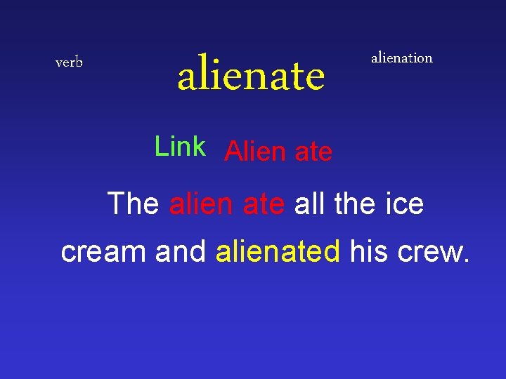 verb alienate alienation Link Alien ate The alien ate all the ice cream and