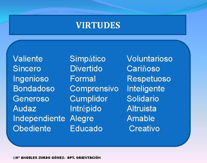 VIRTUDES Valiente Sincero Ingenioso Bondadoso Generoso Audaz Independiente Obediente Simpático Divertido Formal Comprensivo Cumplidor