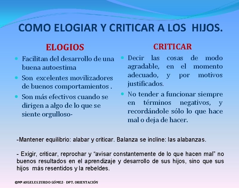 COMO ELOGIAR Y CRITICAR A LOS HIJOS. ELOGIOS CRITICAR Facilitan del desarrollo de una