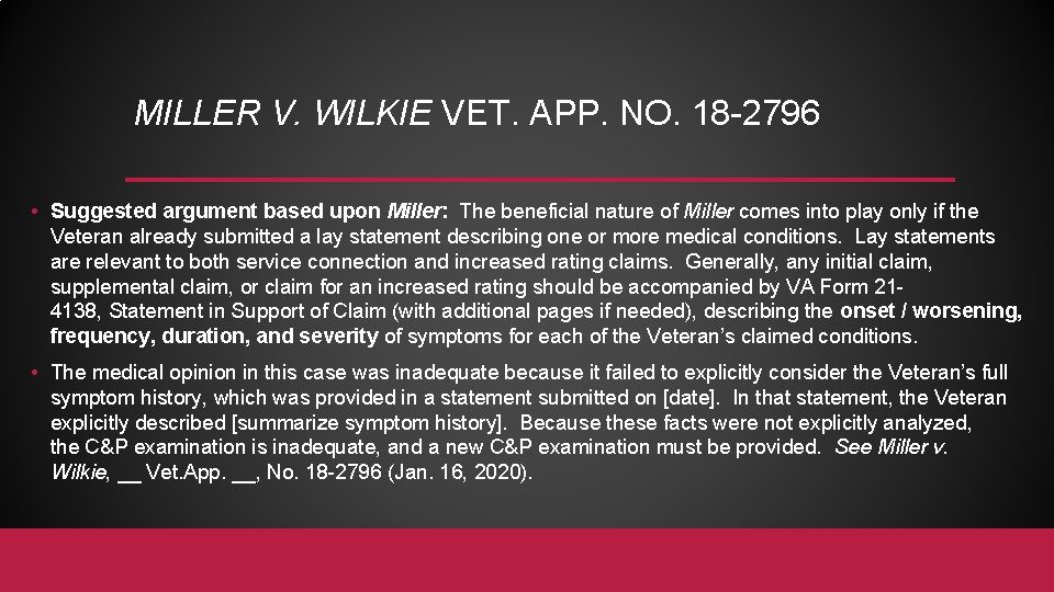MILLER V. WILKIE VET. APP. NO. 18 -2796 • Suggested argument based upon Miller: