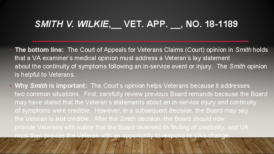 SMITH V. WILKIE, __ VET. APP. __, NO. 18 -1189 • The bottom line: