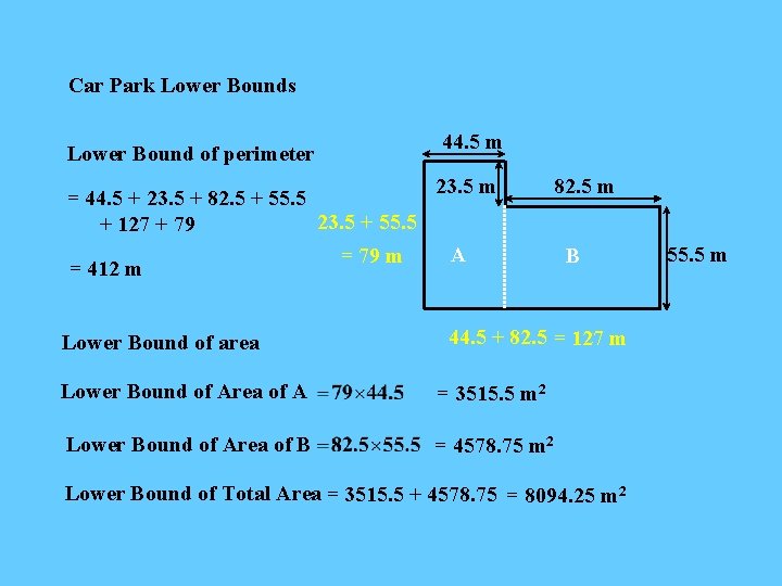 Car Park Lower Bounds Lower Bound of perimeter = 44. 5 + 23. 5