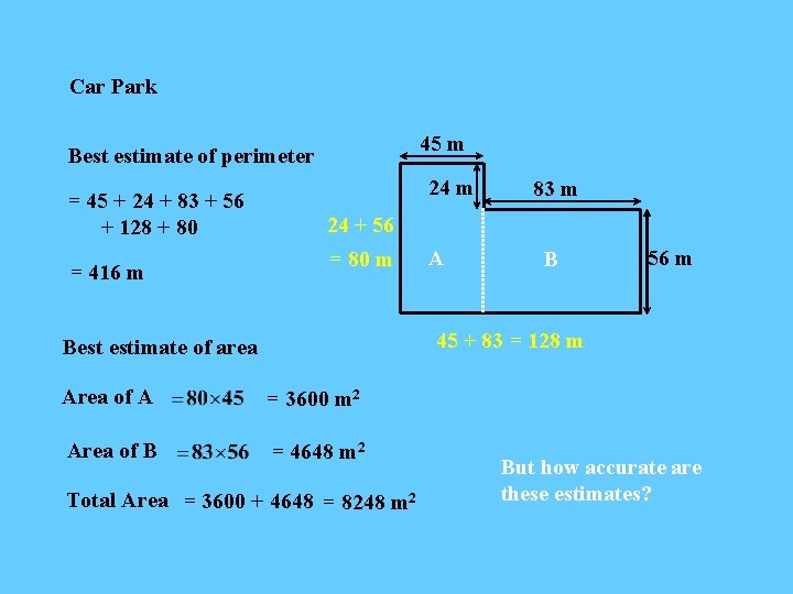 Car Park 45 m Best estimate of perimeter = 45 + 24 + 83