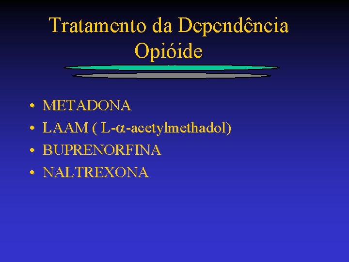 Tratamento da Dependência Opióide • • METADONA LAAM ( L-a-acetylmethadol) BUPRENORFINA NALTREXONA 
