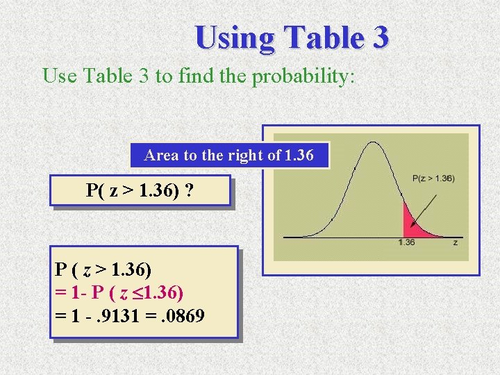 Using Table 3 Use Table 3 to find the probability: Area to the right Using Table 3 Use Table 3 to find the probability: Area to the right