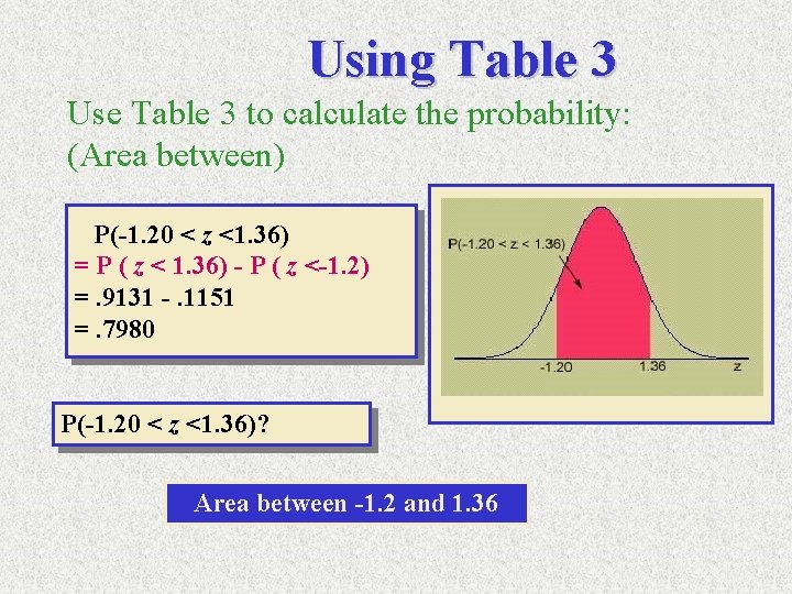 Using Table 3 Use Table 3 to calculate the probability: (Area between) P(-1. 20 Using Table 3 Use Table 3 to calculate the probability: (Area between) P(-1. 20