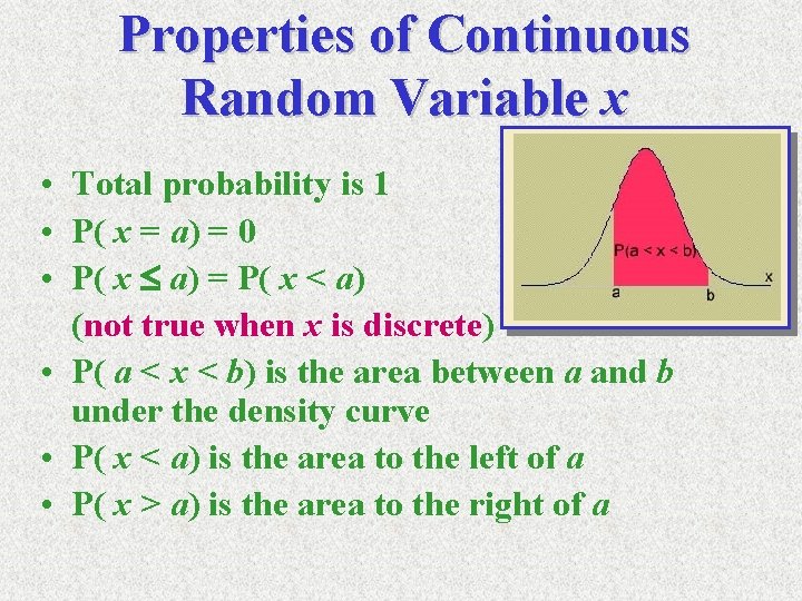 Properties of Continuous Random Variable x • Total probability is 1 • P( x Properties of Continuous Random Variable x • Total probability is 1 • P( x