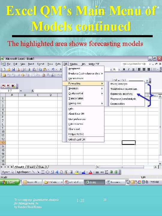 Excel QM’s Main Menu of Models continued The highlighted area shows forecasting models To Excel QM’s Main Menu of Models continued The highlighted area shows forecasting models To