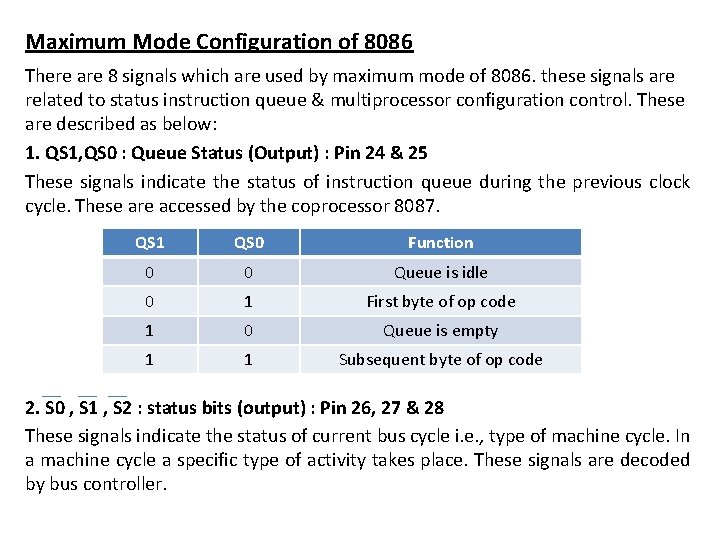 Maximum Mode Configuration of 8086 There are 8 signals which are used by maximum