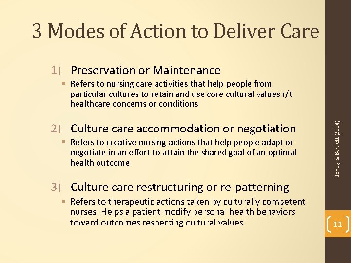 3 Modes of Action to Deliver Care 1) Preservation or Maintenance 2) Culture care