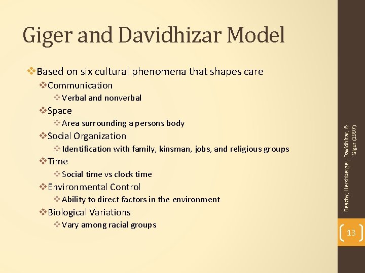 Giger and Davidhizar Model v. Based on six cultural phenomena that shapes care v.