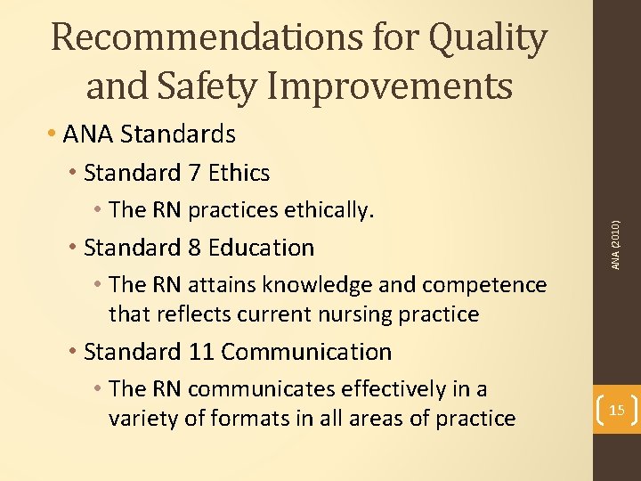 Recommendations for Quality and Safety Improvements • ANA Standards • The RN practices ethically.