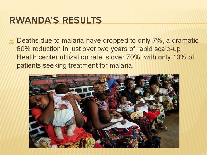 RWANDA’S RESULTS Deaths due to malaria have dropped to only 7%, a dramatic 60%