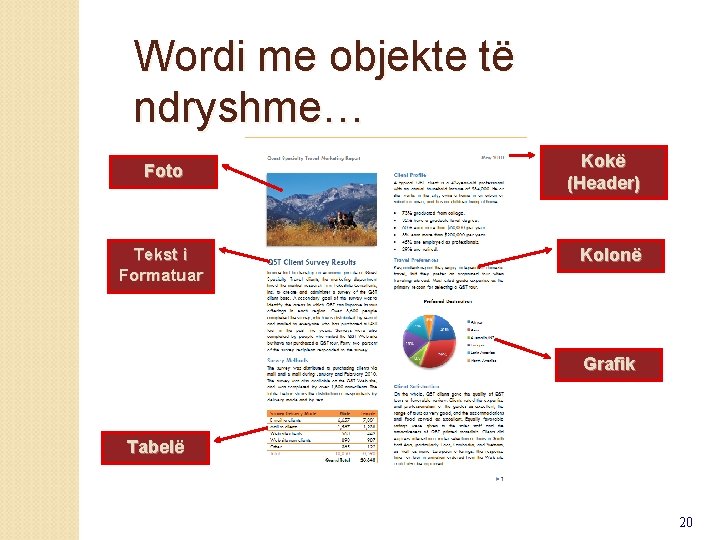 Wordi me objekte të ndryshme… Foto Tekst i Formatuar Kokë (Header) Kolonë Grafik Tabelë