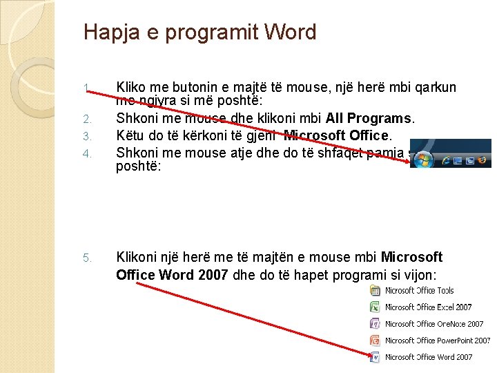 Hapja e programit Word 1. 2. 3. 4. 5. Kliko me butonin e majtë