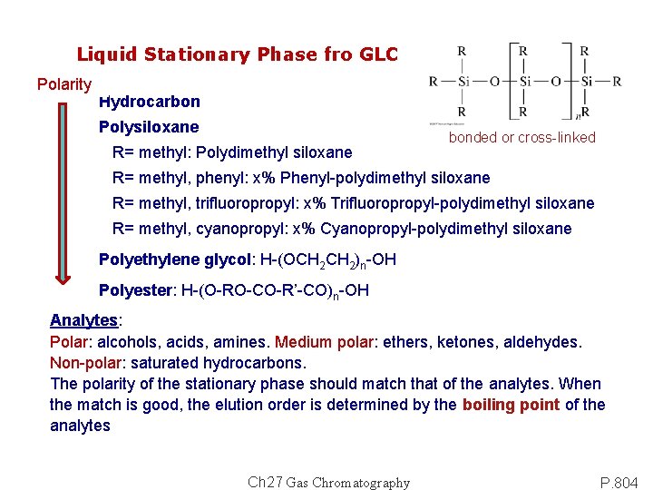 Liquid Stationary Phase fro GLC Polarity Hydrocarbon Polysiloxane R= methyl: Polydimethyl siloxane bonded or