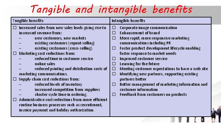 Tangible and intangible benefits Tangible benefits Intangible benefits � Increased sales from new sales