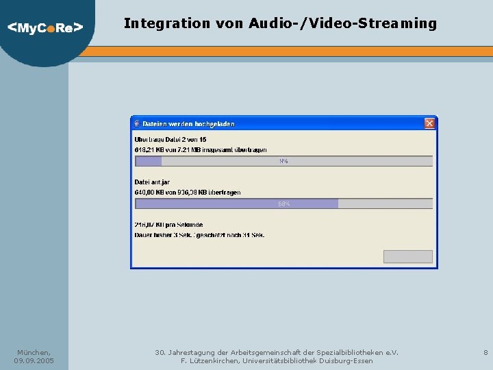 Integration von Audio-/Video-Streaming München, 09. 2005 30. Jahrestagung der Arbeitsgemeinschaft der Spezialbibliotheken e. V.