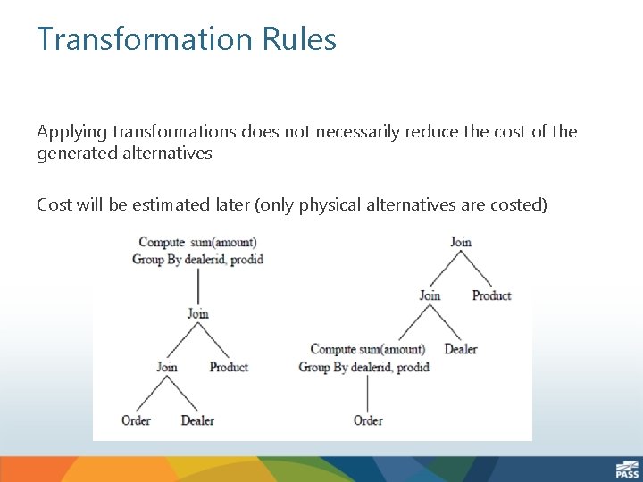 Transformation Rules Applying transformations does not necessarily reduce the cost of the generated alternatives