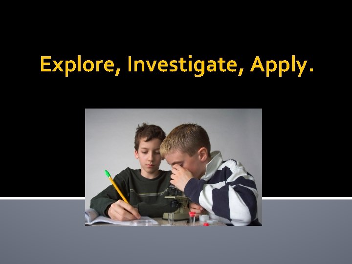 Explore, Investigate, Apply. 